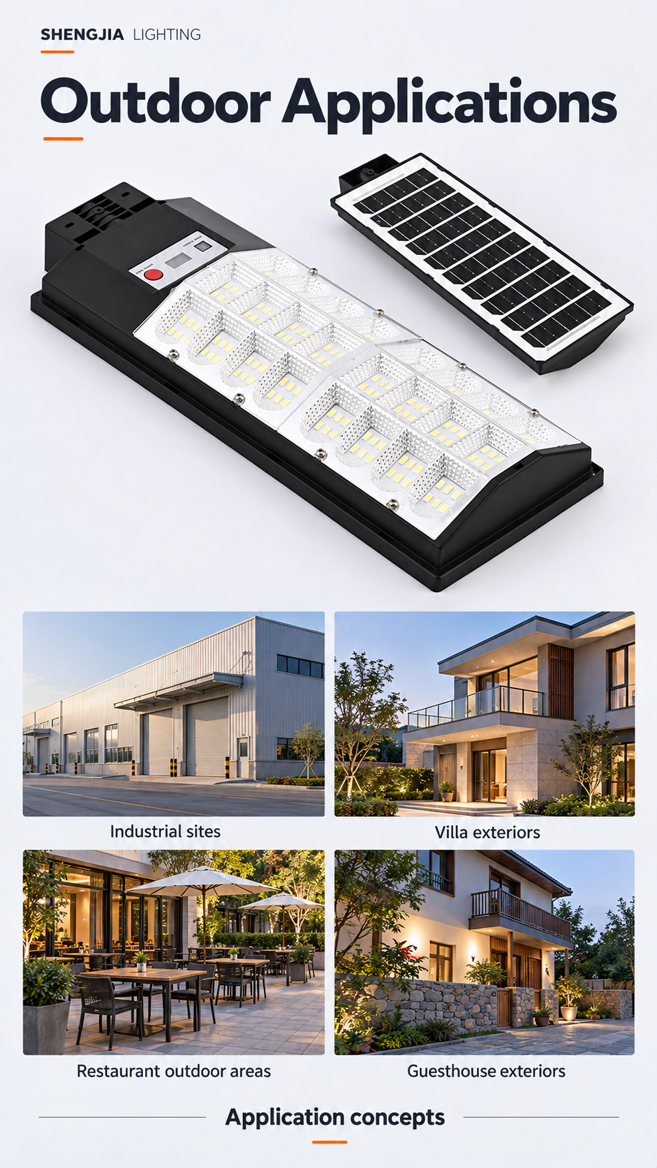 Four illustrative application references for industrial sites, villa exteriors, restaurant outdoor areas and guesthouse exteriors