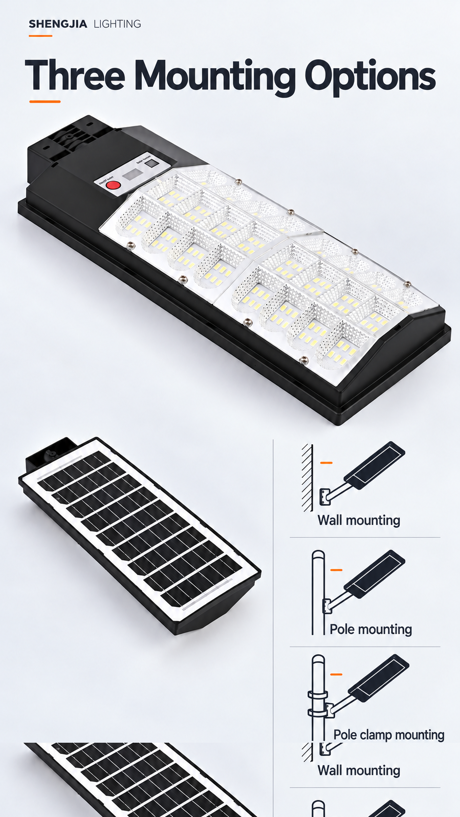 Illustrative mounting references for wall, pole and pole-clamp arrangements