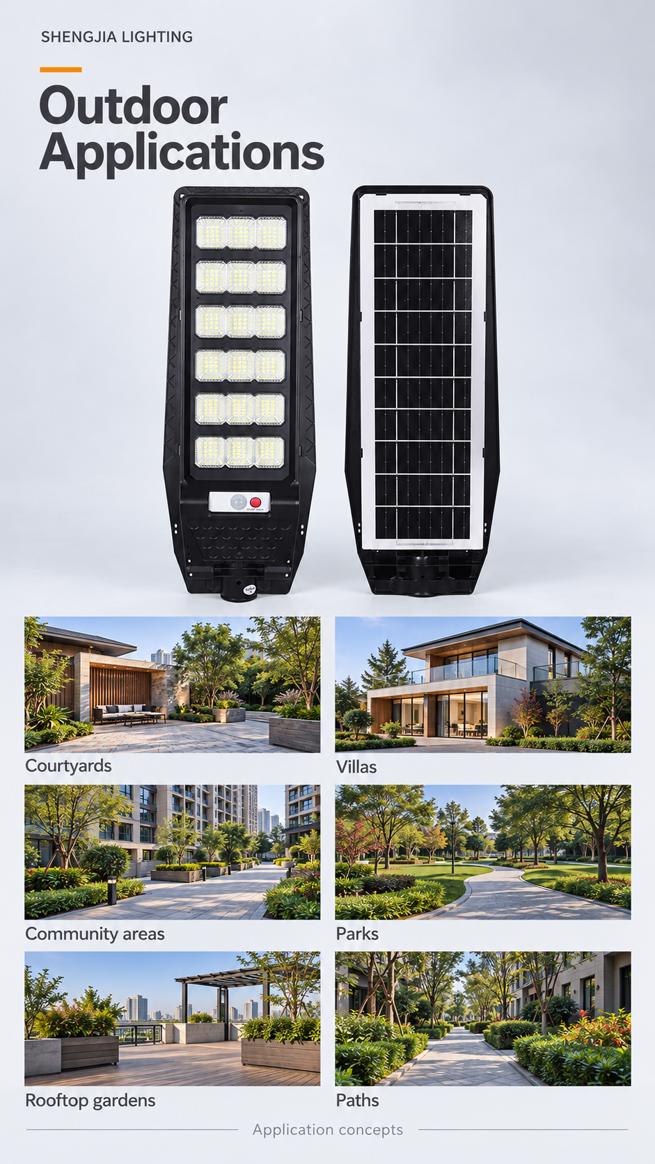 Six illustrative outdoor application references: courtyards, villa exteriors, residential squares, parks, rooftop gardens and pathways
