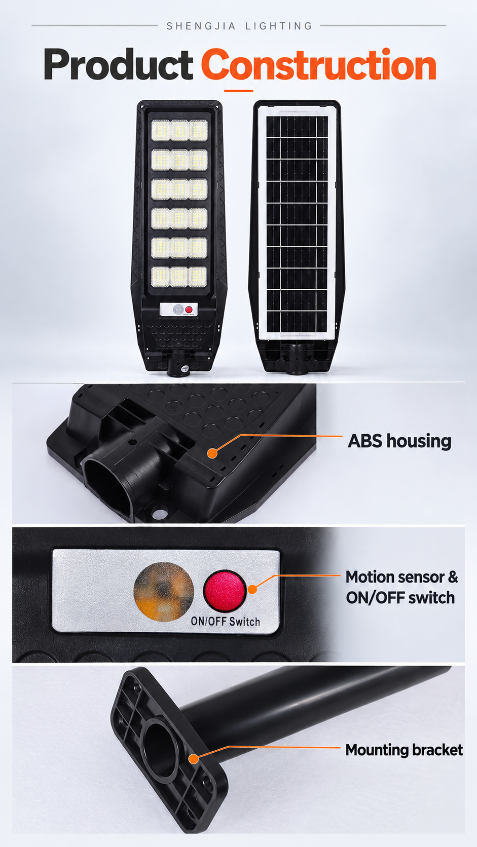 English product construction presentation showing black ABS housing, round sensor, red ON/OFF switch and rear panel