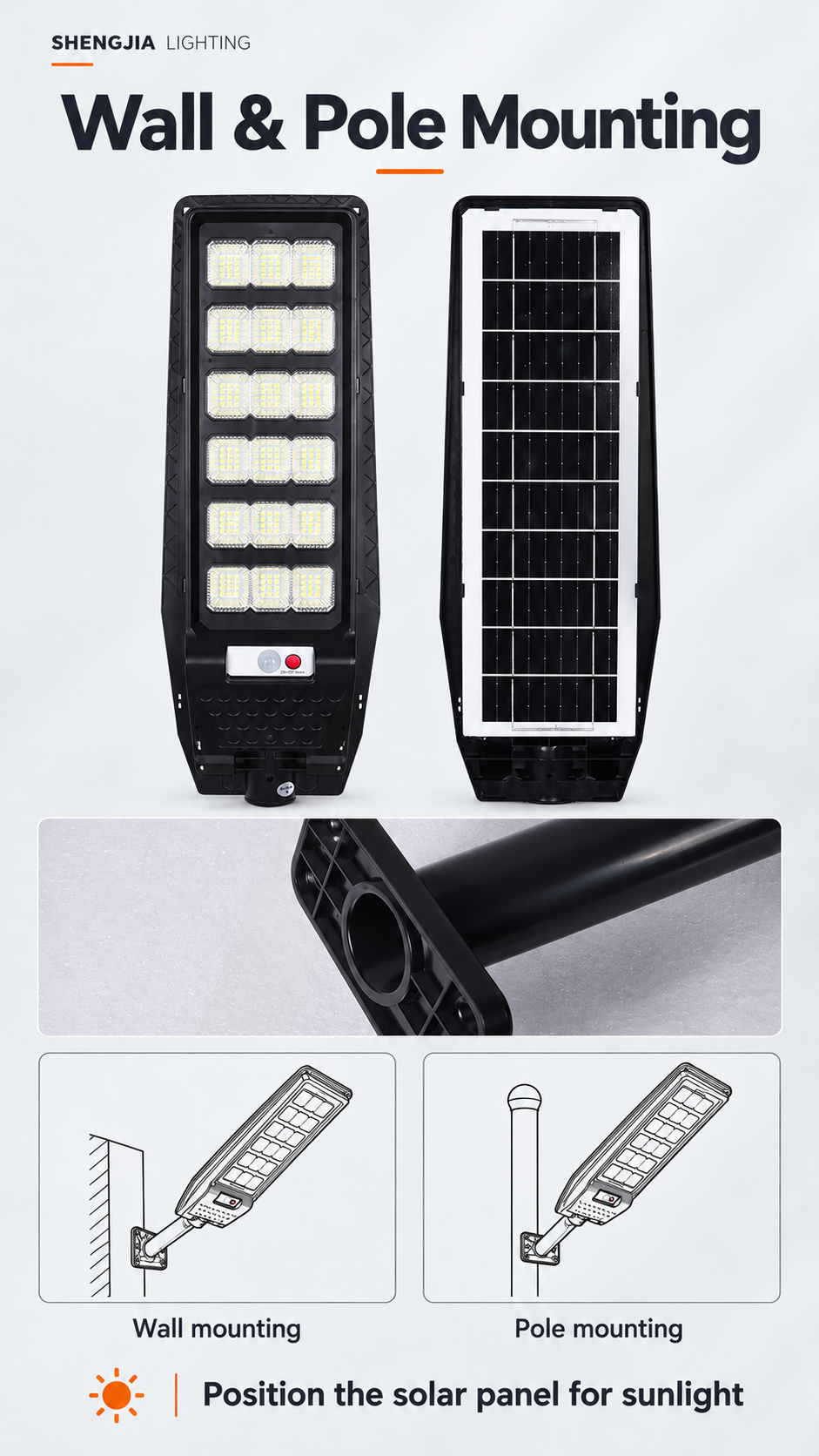 English wall and pole mounting reference preserving the supplied black mounting arm and plate geometry