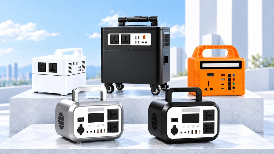 Five Shengjia portable power products, including silver and black compact units and a wheeled power station, displayed on silver-white platforms.