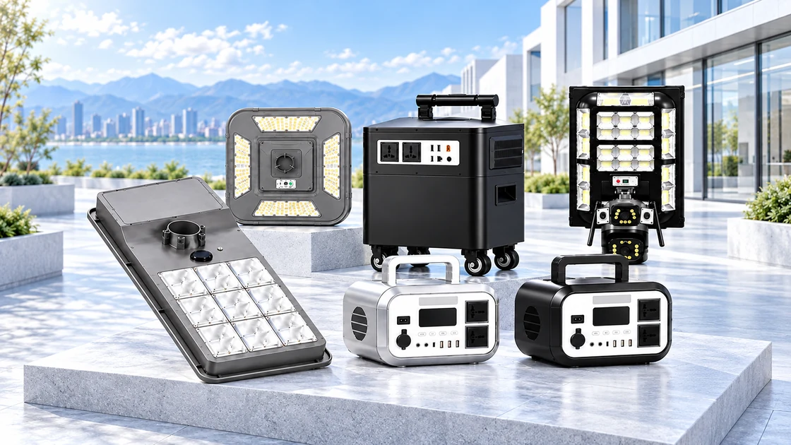 Lighting and portable power products displayed with road, garden and outdoor setting references.