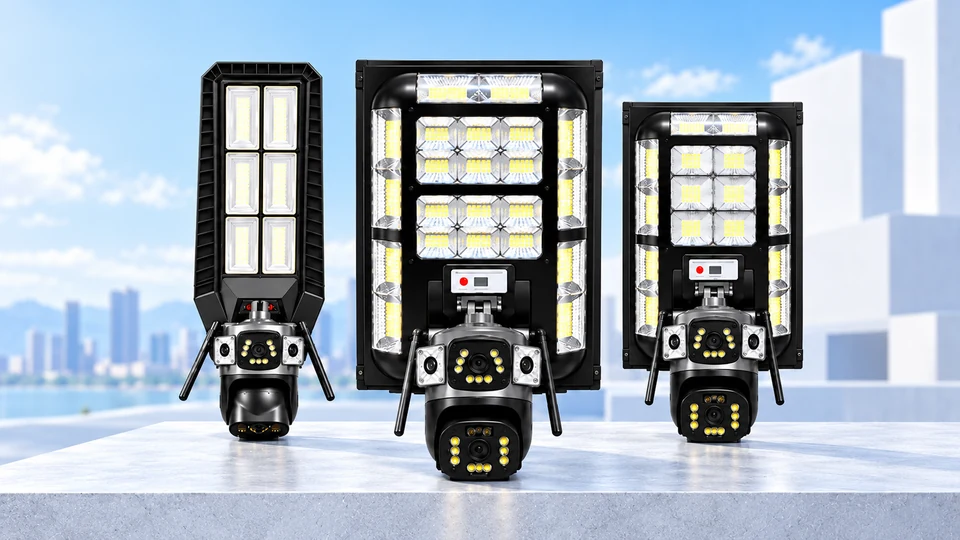 Three Shengjia solar security lighting models with complete lamp and camera assemblies on a silver-white display stage.