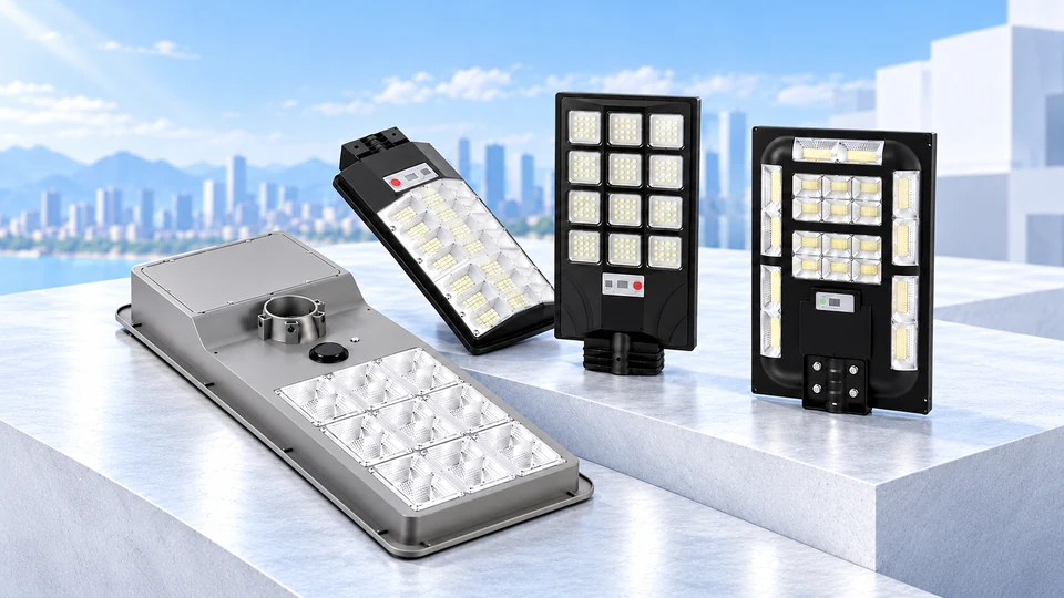 Four Shengjia solar lighting models displayed together on silver-white platforms against a pale blue sky.