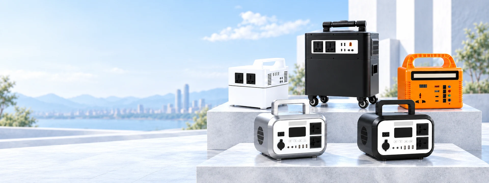 Five Shengjia portable power products, including silver and black compact units, a white unit, a wheeled power station and an orange portable unit.