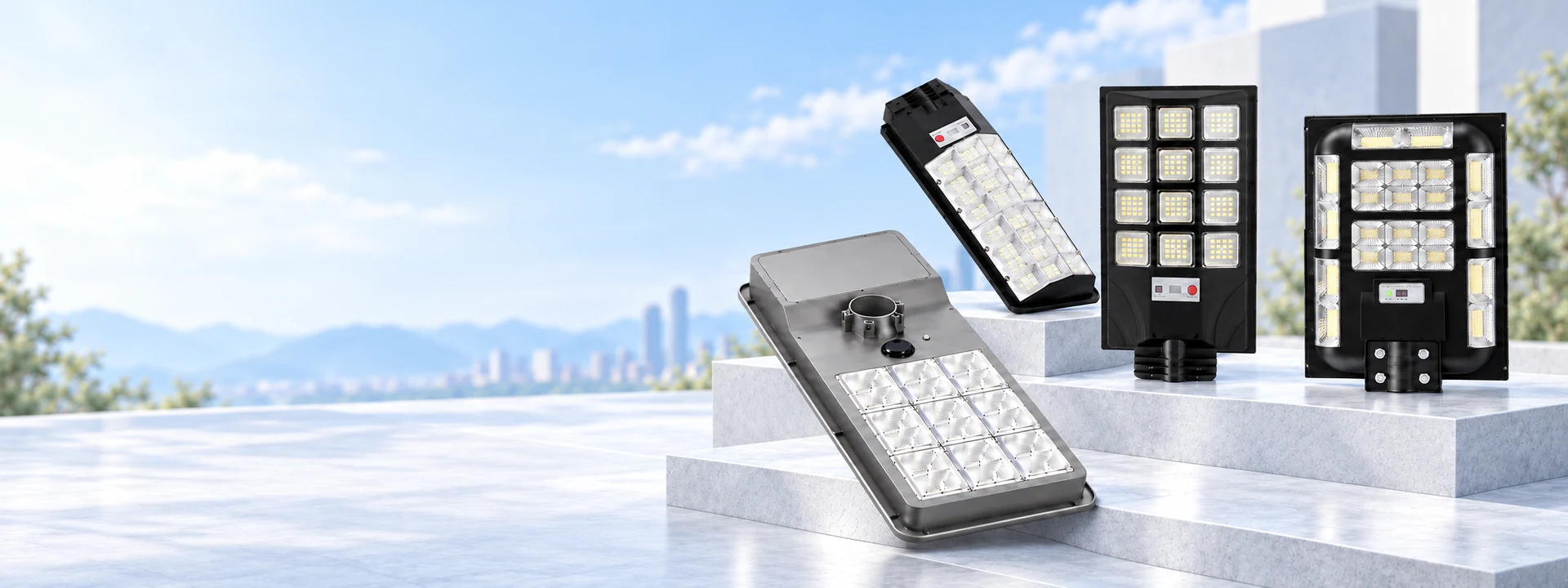 Four Shengjia solar lighting models, including the silver integrated street light, displayed together on silver-gray platforms.
